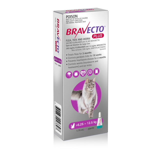 2 Bravecto PLUS Solution topique pour les chats de 6,25 à 12,5 kg (13,8 à 27,5 lb)-Pourpre