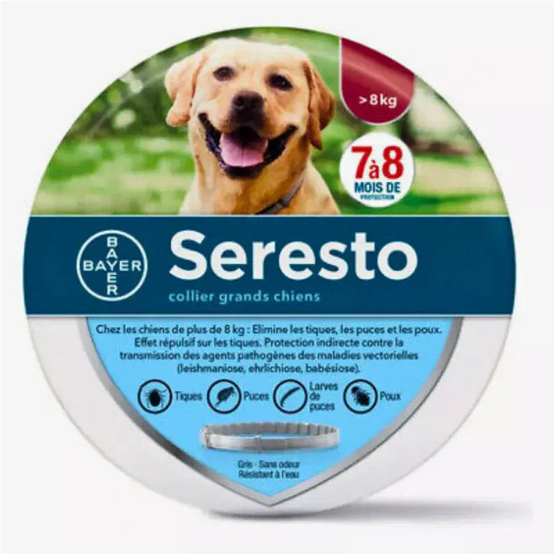 Emballage du collier anti-puces et anti-tiques Seresto pour grands chiens, avec photo d'un chien jaune et détails du produit.