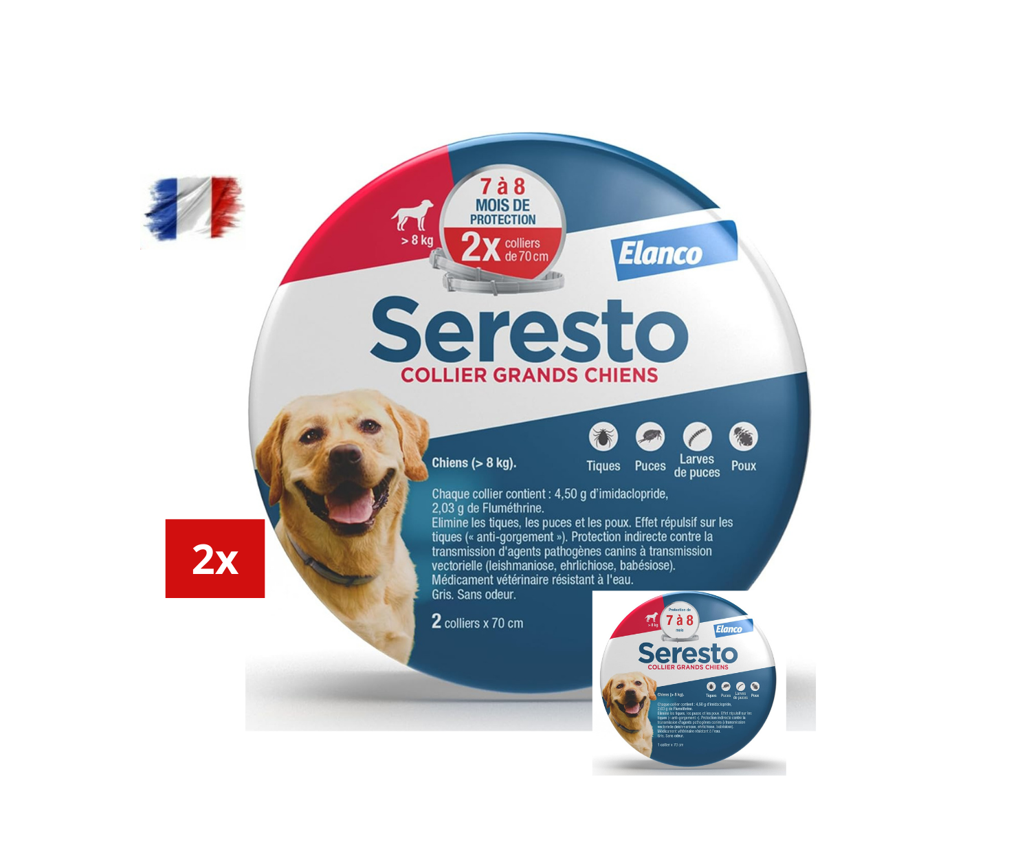 Collier Seresto anti-puces-tiques et Antiparasitaire grand Chien+8kg