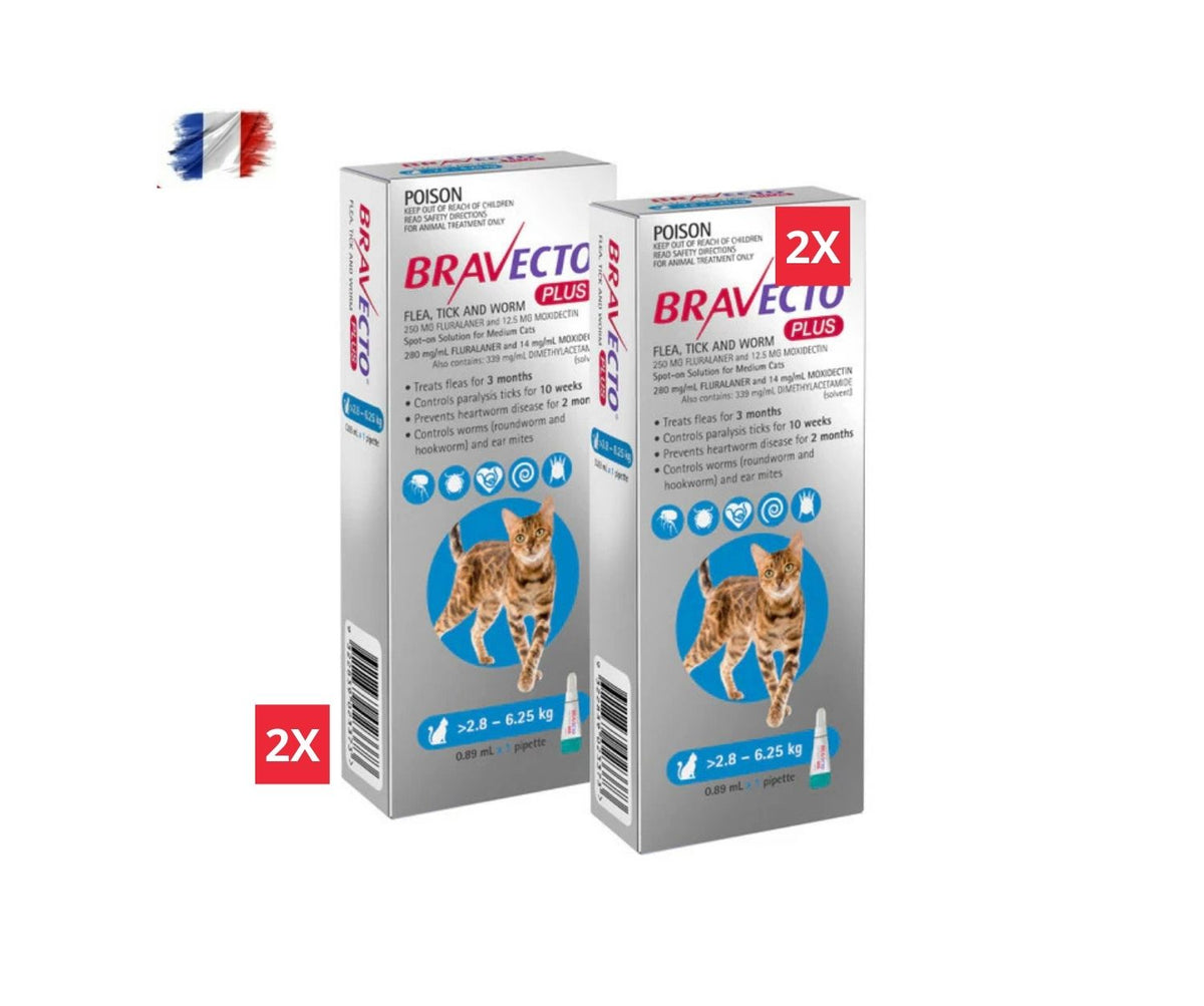 3 Bravecto PLUS Solution topique pour chats 2,8-6,25kg (6,2-13,8 lbs)-Bleu 3 doses