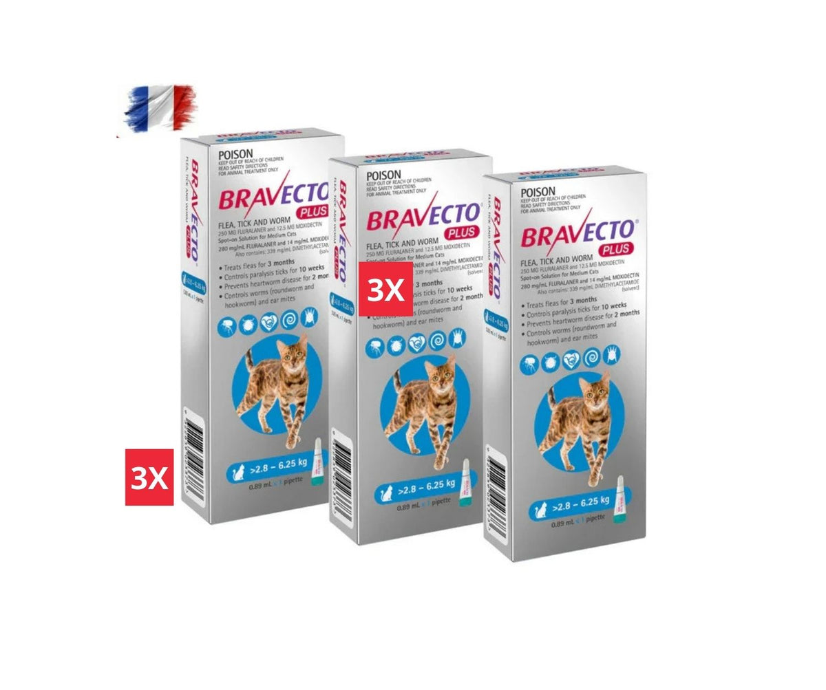 4 Bravecto PLUS Solution topique pour chats 2,8-6,25 kg(6,2-13,8 lbs)-Bleu