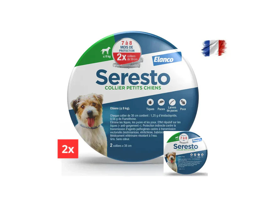 2 Collier Seresto Anti-Puces Anti-Tiques pour petit Chien -8Kg Lot De 2 PCS