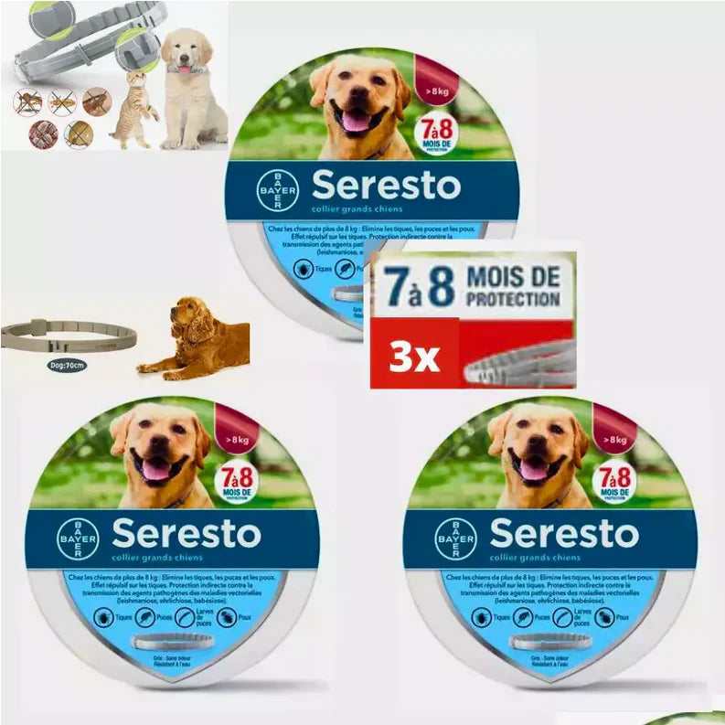 3 boites de collier seresto pour grande chien description du collier anti-puces et anti-tiques Seresto pour grands chiens, avec photo et détails du produit.