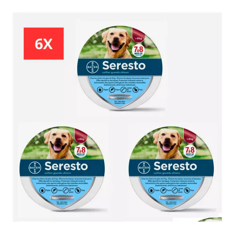 6 boites de collier seresto anti-puces et anti-tiques Seresto pour grands chiens, avec photo d'un chien et détails du produit.