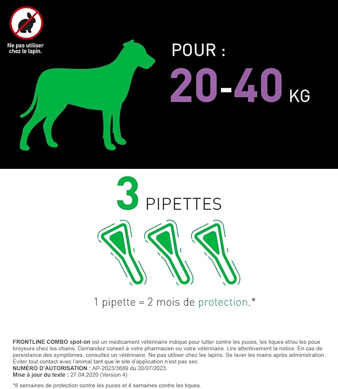 Frontline Combo 3 Pipettes Anti-puce-tique pour grand chiens de 20 à 40kg