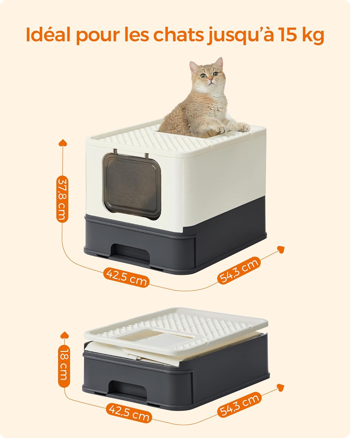 Bac à Litière Fermé pour Chat, Plateau Amovible