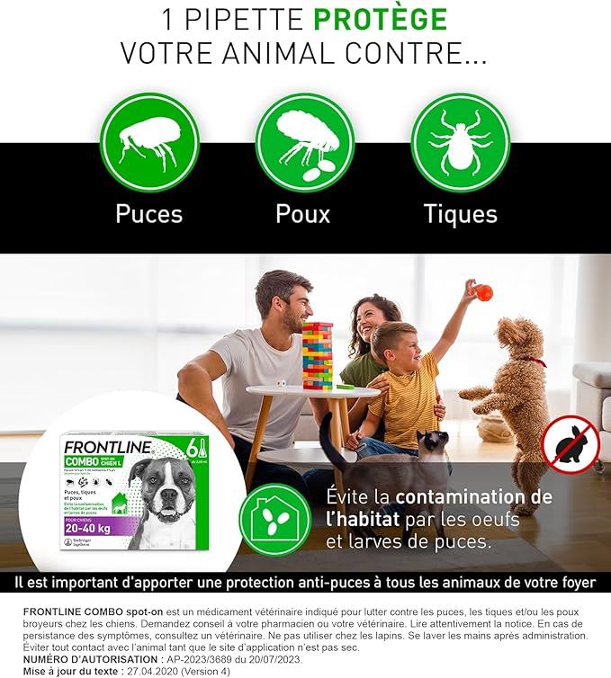 Frontline Combo 6 Pipettes Anti-puce-tique pour grand chiens de 20 à 40kg