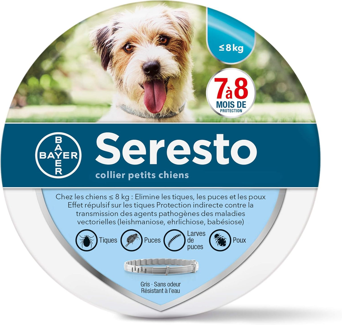 3 boites de collier seresto pour grande chien description du collier anti-puces et anti-tiques Seresto pour grands chiens, avec photo et détails du produit.