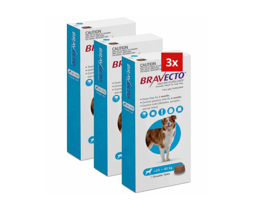 4 Bravecto anti-Puces et Tiques pour chiens de 20 à 40 kg - Bleu 4 à mâcher