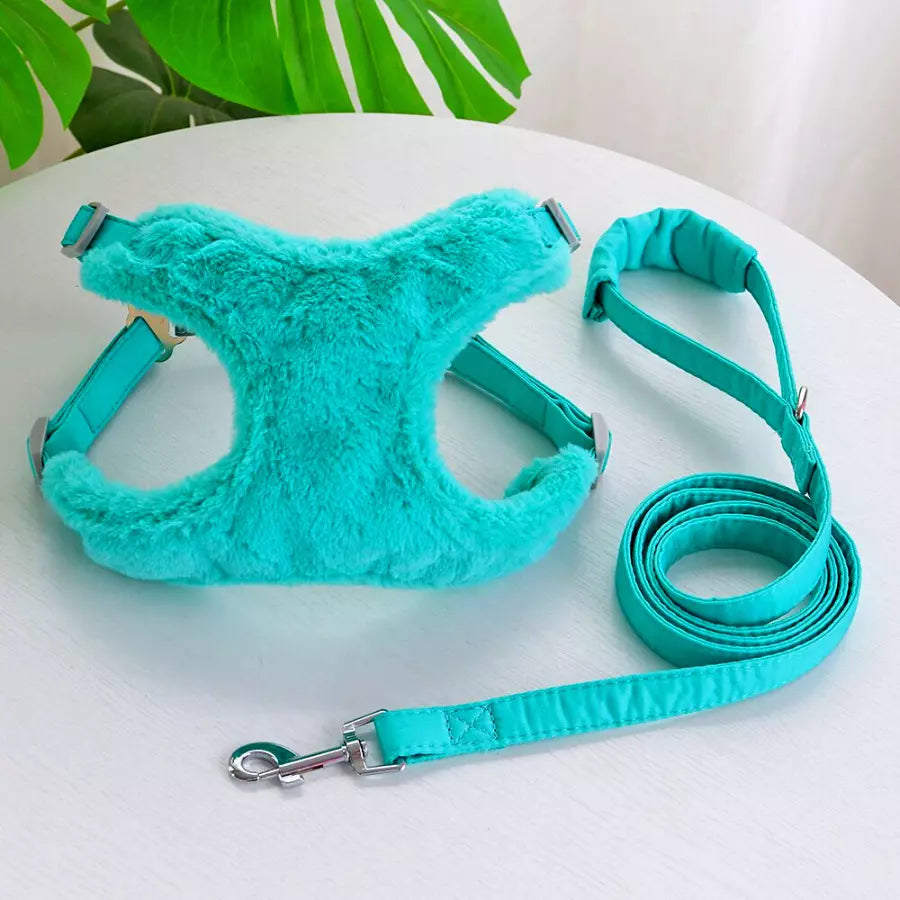 Ensemble gilet harnais en fourrure avec laisse pour animaux de compagnie