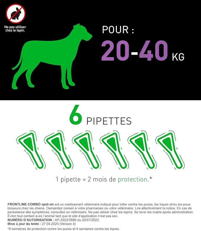 Frontline Combo 6 Pipettes Anti-puce-tique pour grand chiens de 20 à 40kg