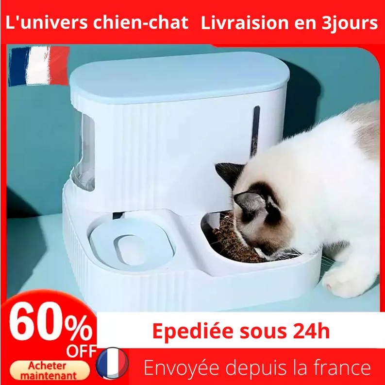 3L distributeur automatique de croquettes et eau pour chat et chien 2 en 1 détachable