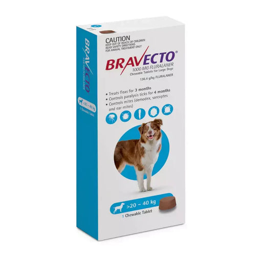 3 Bravecto Anti-Puce-tique à mâcher pour chien de 20-40 kg-Bleu 3 PCS