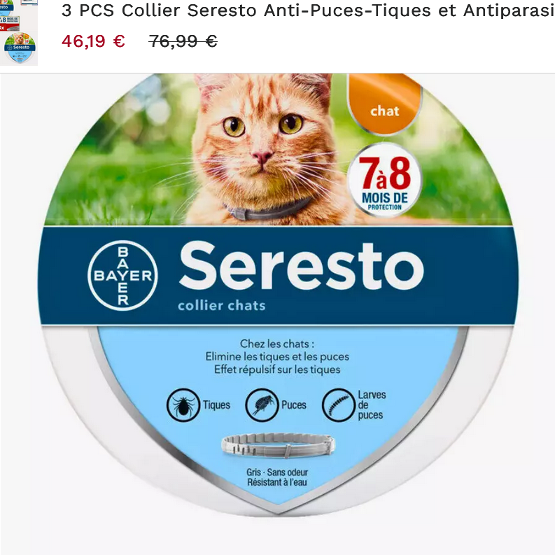 3 PCS Collier Seresto Anti-Puces-Tiques et Antiparasitaire pour chats Lot de 3