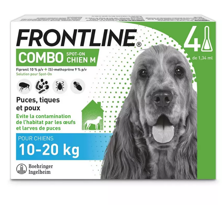 Frontline Combo 4 à 8 Pipettes Antiparasitaires pour chiens de taille moyenne 10-20kg