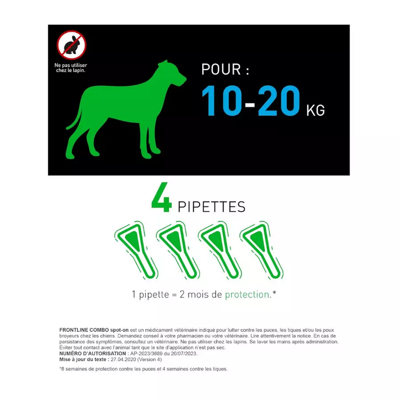 Frontline Combo 4 à 8 Pipettes Antiparasitaires pour chiens de taille moyenne 10-20kg
