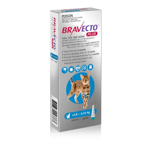 3 Bravecto PLUS Solution topique pour chats 2,8-6,25kg (6,2-13,8 lbs)-Bleu 3 doses
