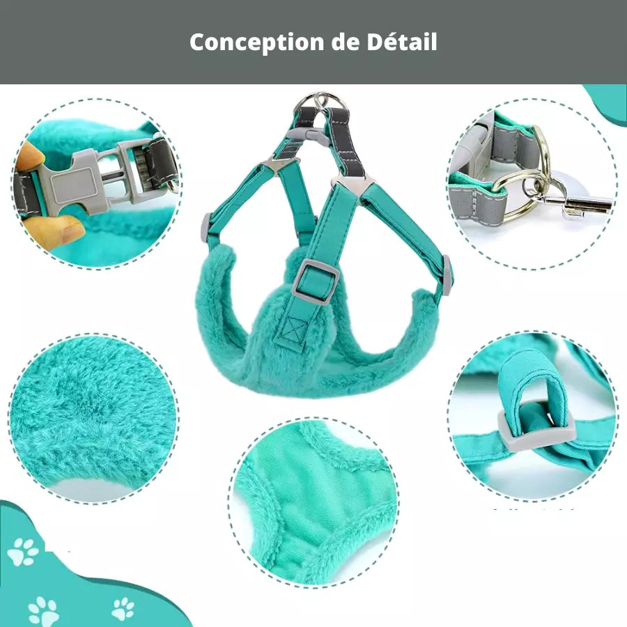 Ensemble gilet harnais en fourrure avec laisse pour animaux de compagnie