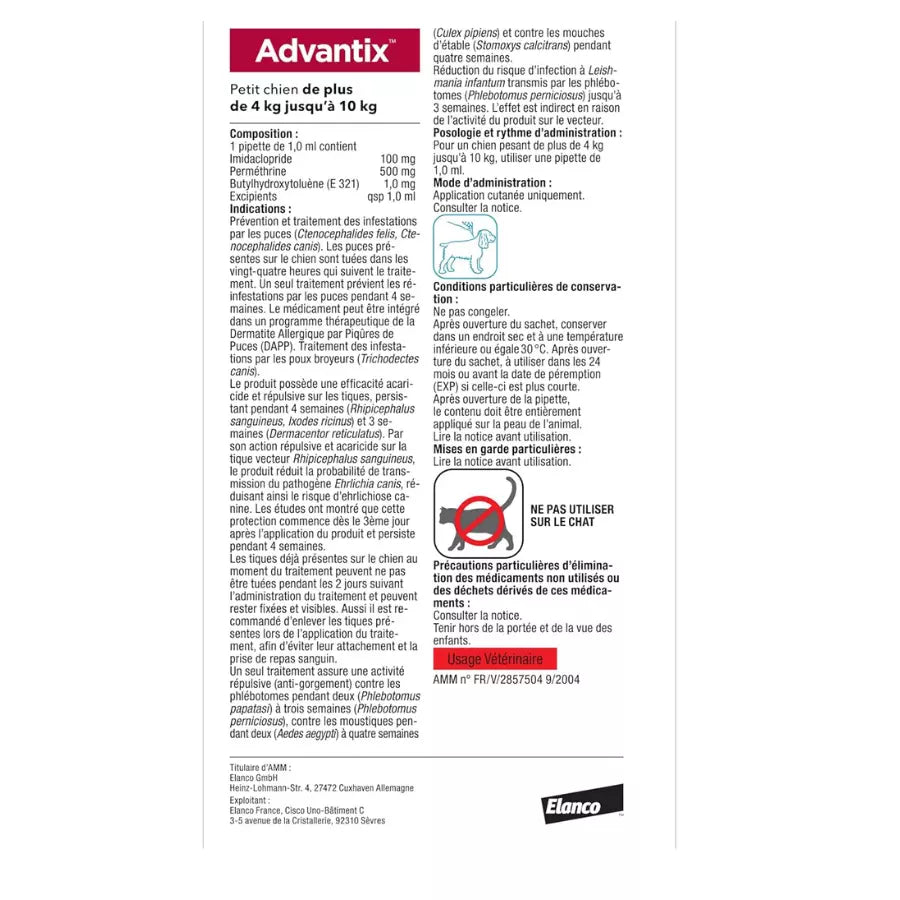 Advantix Spot-on Antiparasitaire Petit chien(4-10 kg) 12 pipettes