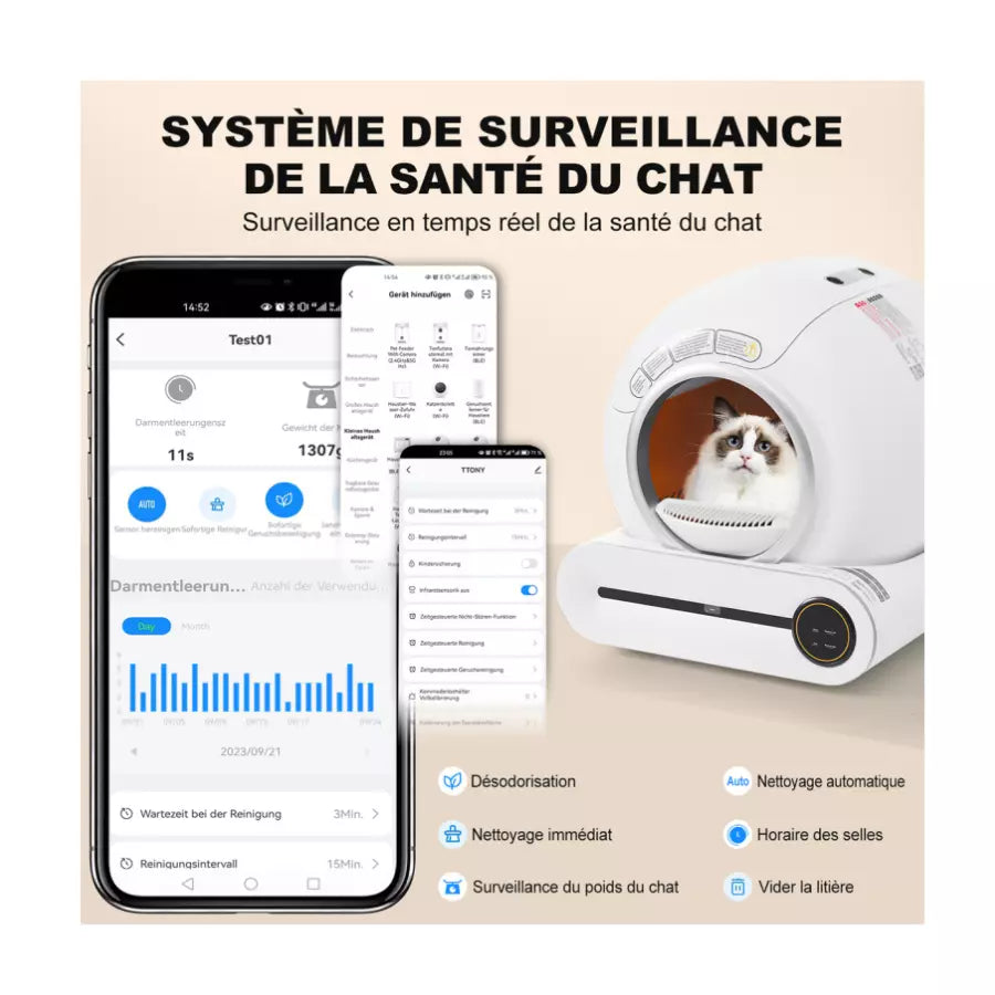 Bac à Litière Auto-nettoyant, Maison de Toilette Adaptatif pour chat 65L