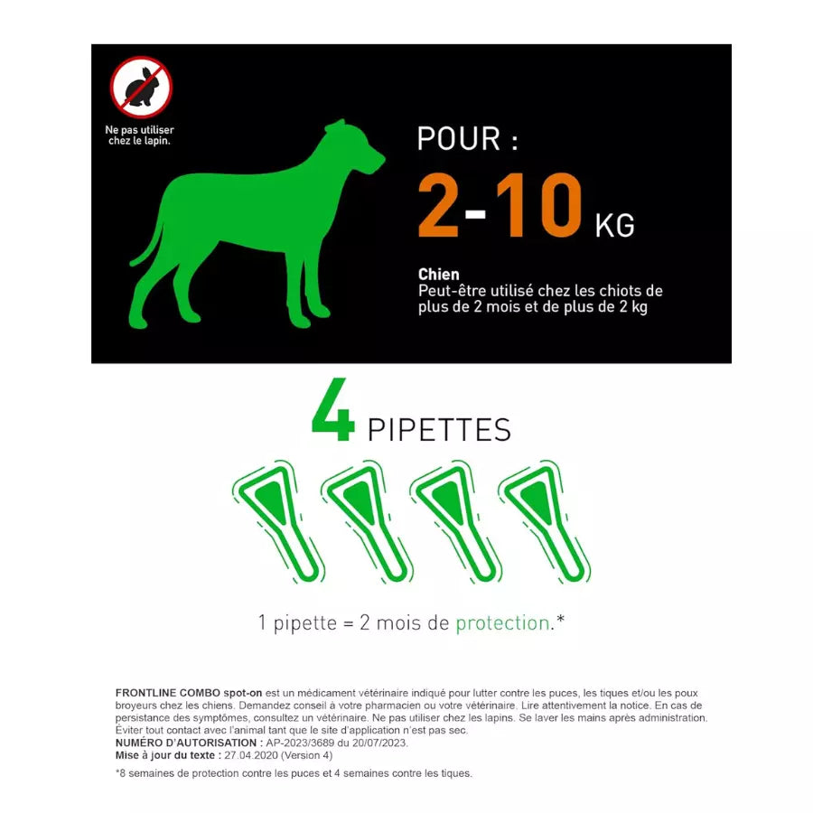 Frontline Combo Spot-On 4 Pipettes Antiparasitaires pour petit chien 2-10kg