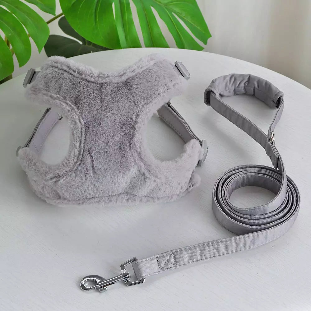 Ensemble gilet harnais en fourrure avec laisse pour animaux de compagnie