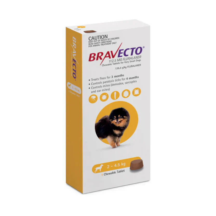 Bravecto anti-Puce et Tique à mâcher pour chien de 2 à 4,5 kg Jaune 1