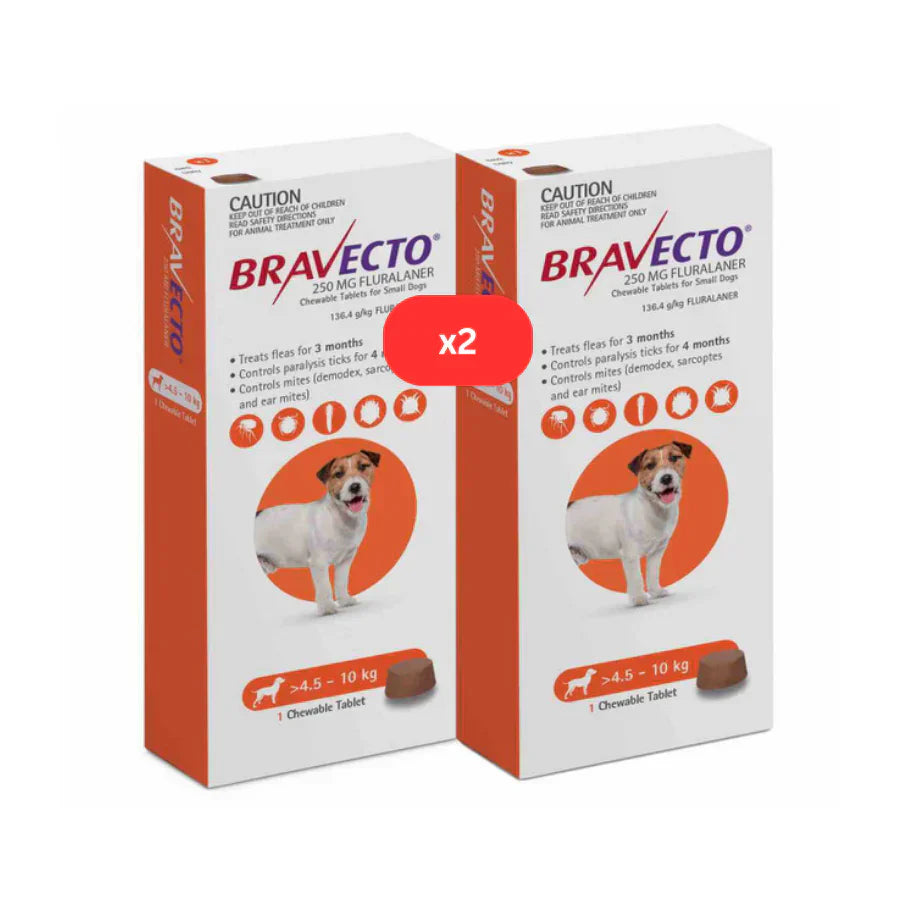 Lot 2 Bravecto anti-Puces et Tiques à croquer pour chiens de 4,5 à 10kg -Orange