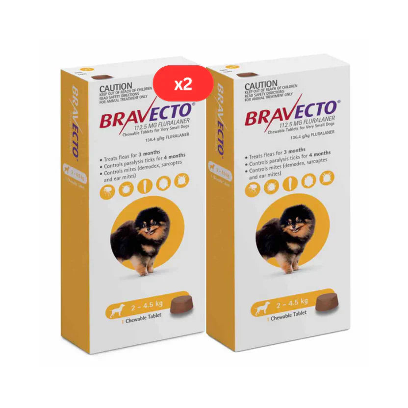 4 Bravecto anti-puce-tique à mâcher pour chien de 2 à 4,5 kg -Jaune 4 doses