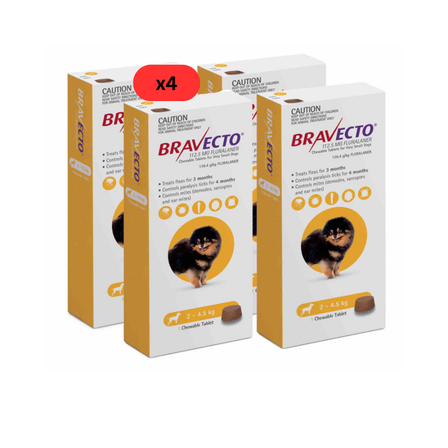 4 Bravecto anti-Puces et Tiques à mâcher pour chiens de 2 à 4,5 kg -Jaune 4 doses