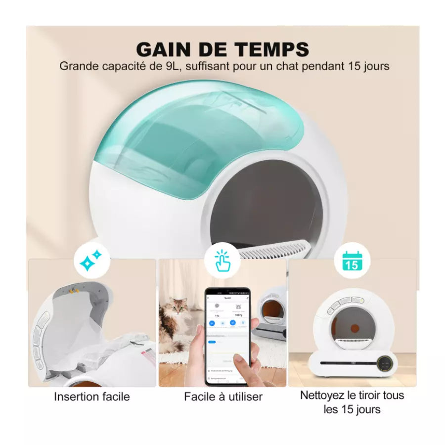 Bac à Litière Auto-nettoyant, Maison de Toilette Adaptatif pour chat 65L